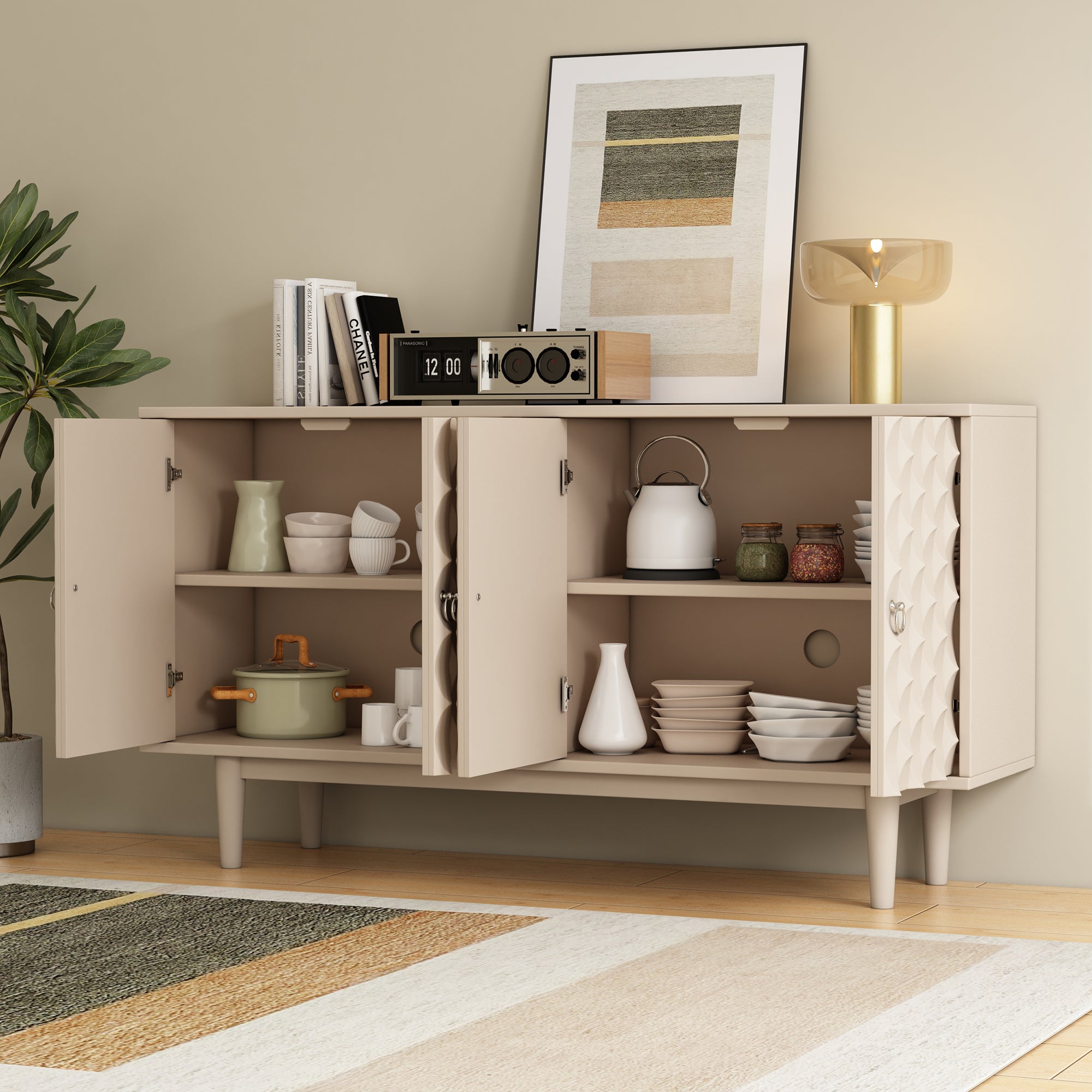 HAOYYE Modern 4-door Sideboard with Convex Pattern Doors and 2 Silver Handle for Living Room, Dining Room, Kitchen (Almond) Sturdy Space-Saving Heavy Duty Modern Design Easy Assembly Durable Stylish