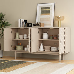HAOYYE Modern 4-door Sideboard with Convex Pattern Doors and 2 Silver Handle for Living Room, Dining Room, Kitchen (Almond) Sturdy Space-Saving Heavy Duty Modern Design Easy Assembly Durable Stylish