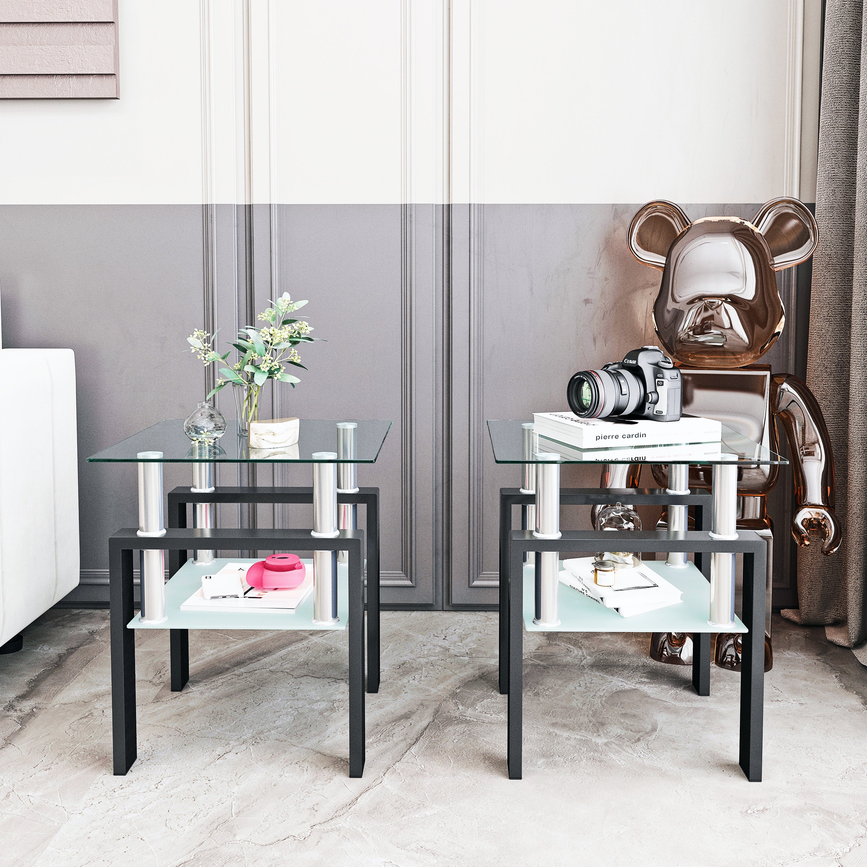 HAOYYE Set of 2, Modern Tempered Glass Tea Table Coffee Table End Table, Square Table for Living Room, Transparent/Black Sturdy Space-Saving Heavy Duty Modern Design Adults Dorm Room Easy Assembly