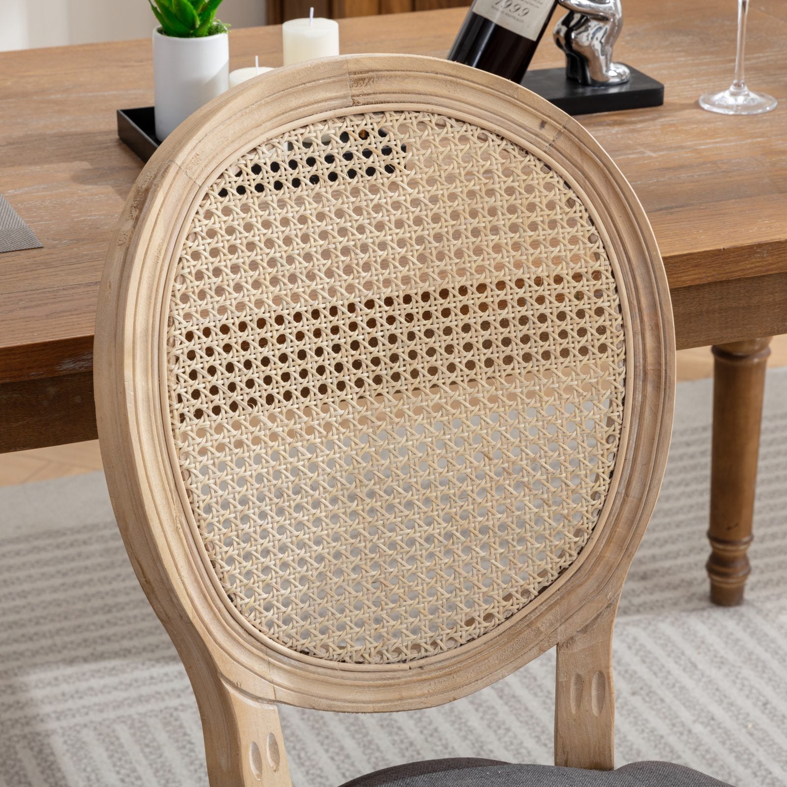 HAOYYE French Style Solid Wood Frame Antique Painting Linen Fabric Rattan Back Dining Chair,Set of 2,Cream,Beige Sturdy Space-Saving Heavy Duty Modern Design Adults Dorm Room Easy Assembly