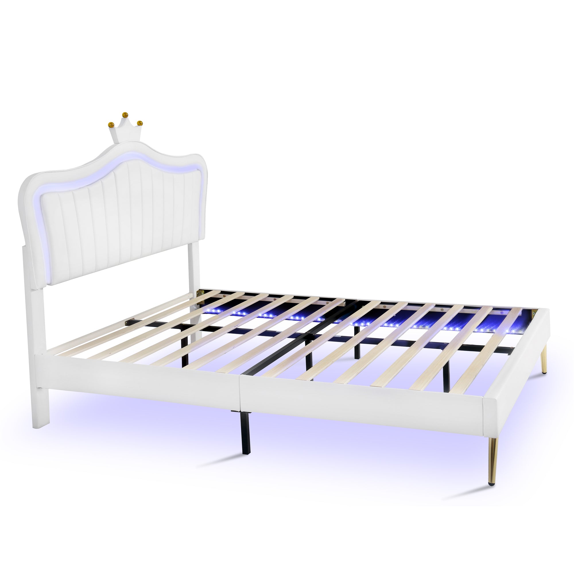 HAOYYE Queen Size Upholstered Bed Frame with LED Lights,Modern Upholstered Princess Bed With Crown Headboard,White Sturdy Space-Saving Heavy Duty Modern Design Adults Dorm Room Easy Assembly