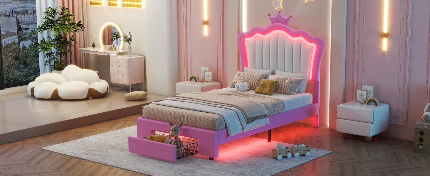 HAOYYE Twin Size Upholstered Bed Frame With LED Lighting, Modern Princess Bed With Crown Headboard And Storage Drawer, Pink And White, Sturdy Space-Saving Heavy Duty Design For Adults And Dorm Rooms