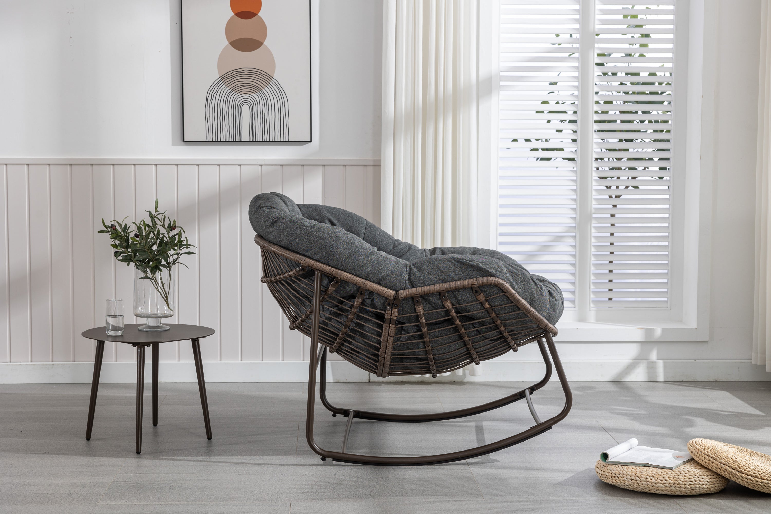 HAOYYE Outdoor Rattan Rocking Chair,Padded Cushion Rocker Recliner Chair Outdoor for Front Porch, Living Room, Patio, Garden, Grey Sturdy Space-Saving Heavy Duty Modern Design Adults Dorm Room