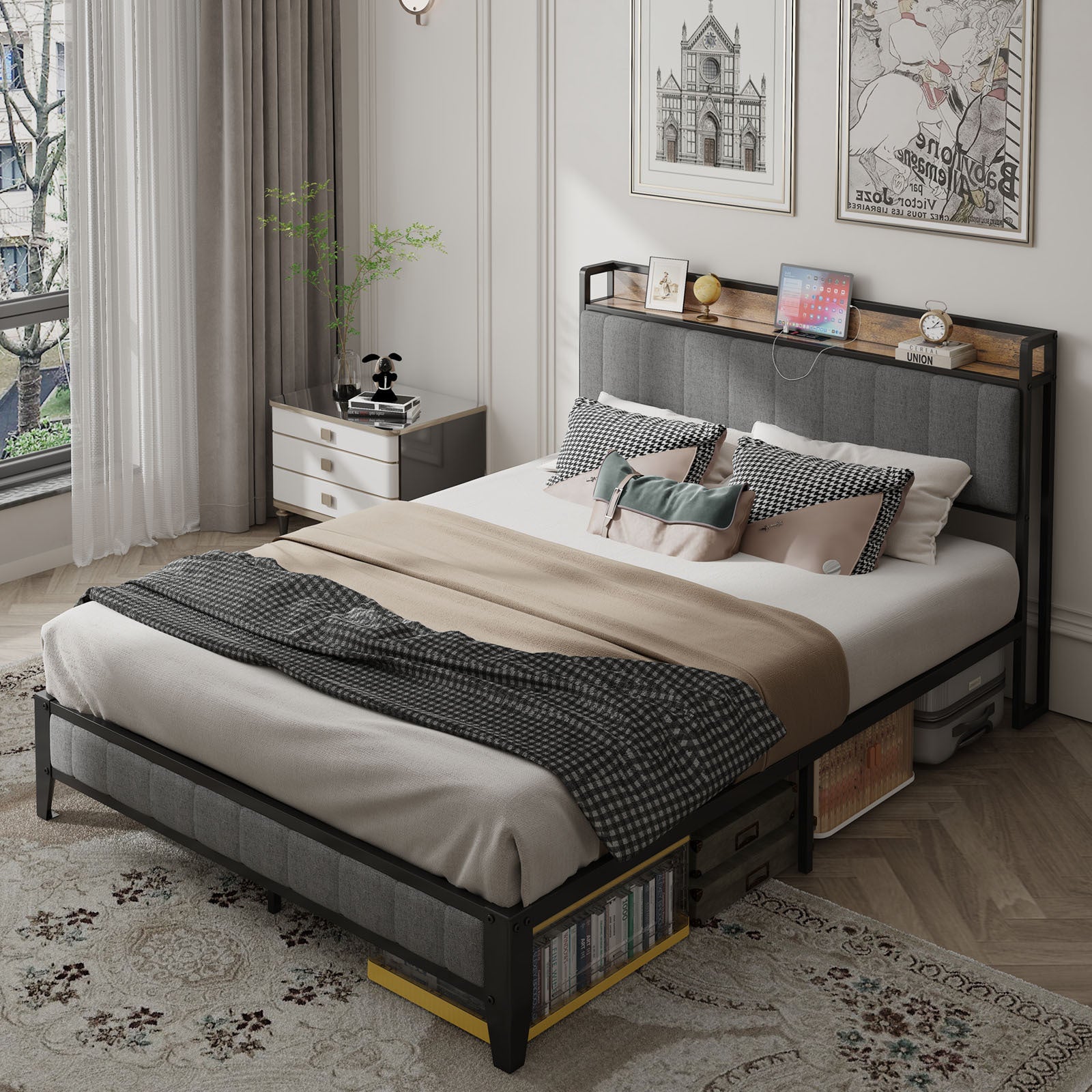HAOYYE Queen Size Bed Frame with Charging Station, Upholstered Headboard, Metal Platform, Grey Sturdy Space-Saving Heavy Duty Modern Design Adults Dorm Room Easy Assembly Bedroom Furniture