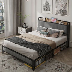 HAOYYE Queen Size Bed Frame with Charging Station, Upholstered Headboard, Metal Platform, Grey Sturdy Space-Saving Heavy Duty Modern Design Adults Dorm Room Easy Assembly Bedroom Furniture