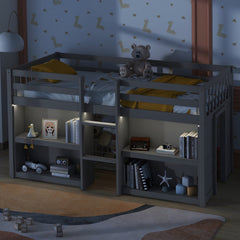 HAOYYE Twin Size Kid Low Loft Bed With Two-Tier Shelves And LED Light For Grey Color Sturdy Space-Saving Heavy Duty Modern Design Adults Dorm Room Easy Assembly Bedroom Furniture