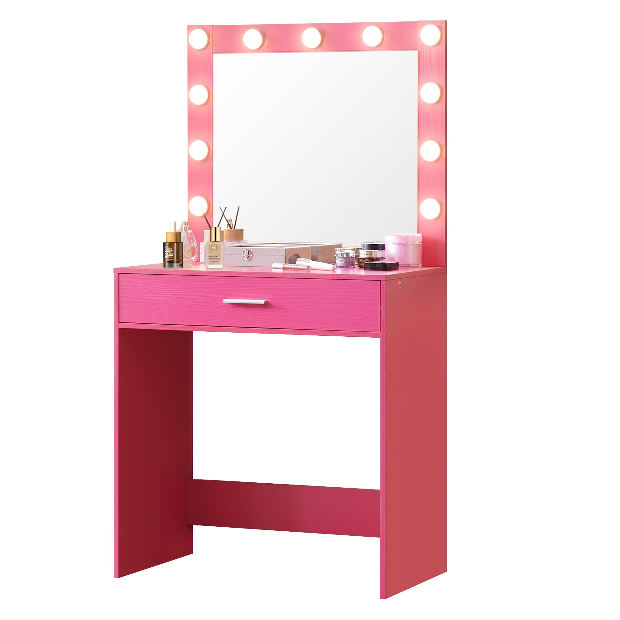 HAOYYE Vanity Desk with Mirror and Lights, Dressing Table with Large Drawer, 1 Level Storage Dresser & 3 Lighting Modes Adjustable Brightness, Suitable for Bedroom(Pink)