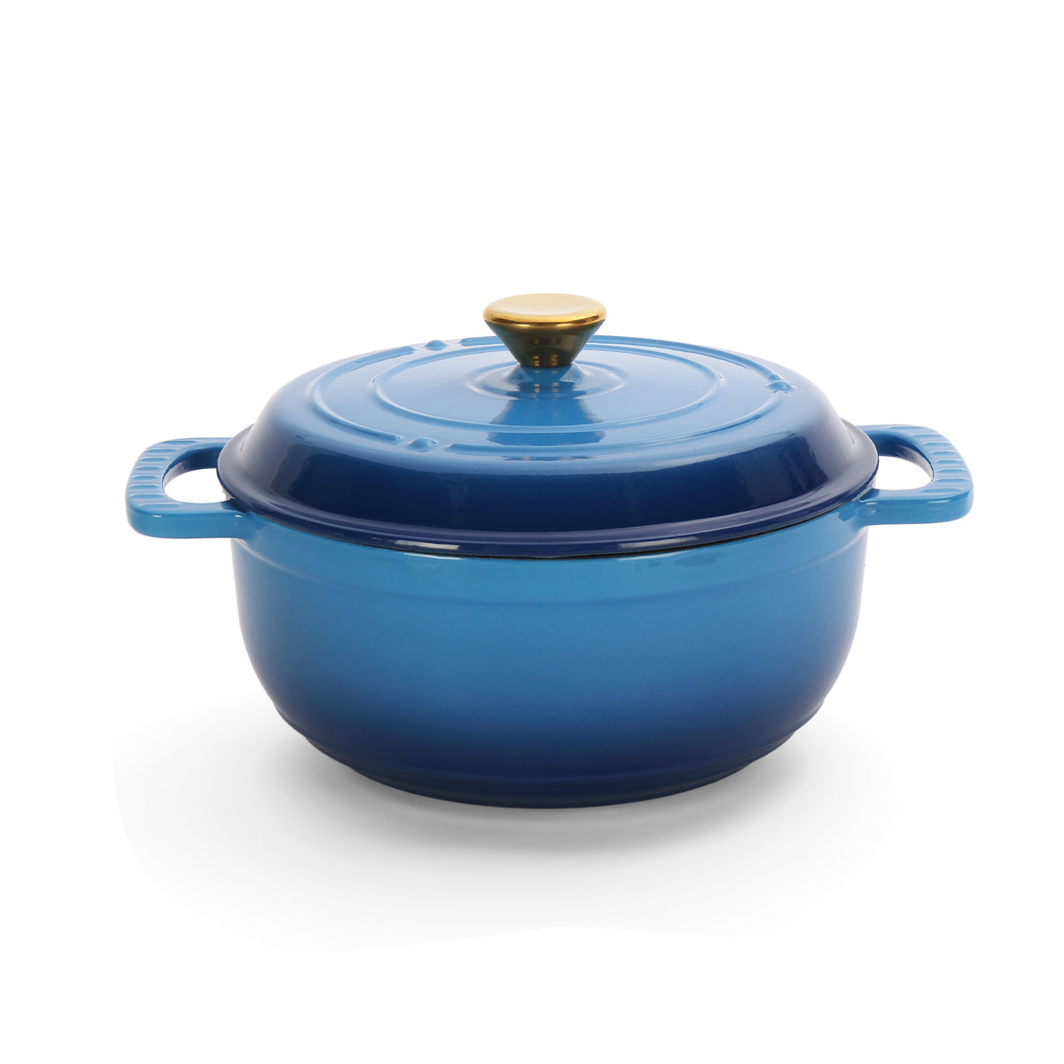 HAOYYE Cast Iron 5QT Cooking Pot Gradient Blue Enamel Coating Includes Two Silicone Gloves Heavy Duty Durable Dutch Oven for Stovetop Oven and Outdoor Cooking Perfect for Stews Soups Casseroles and Everyday Meals