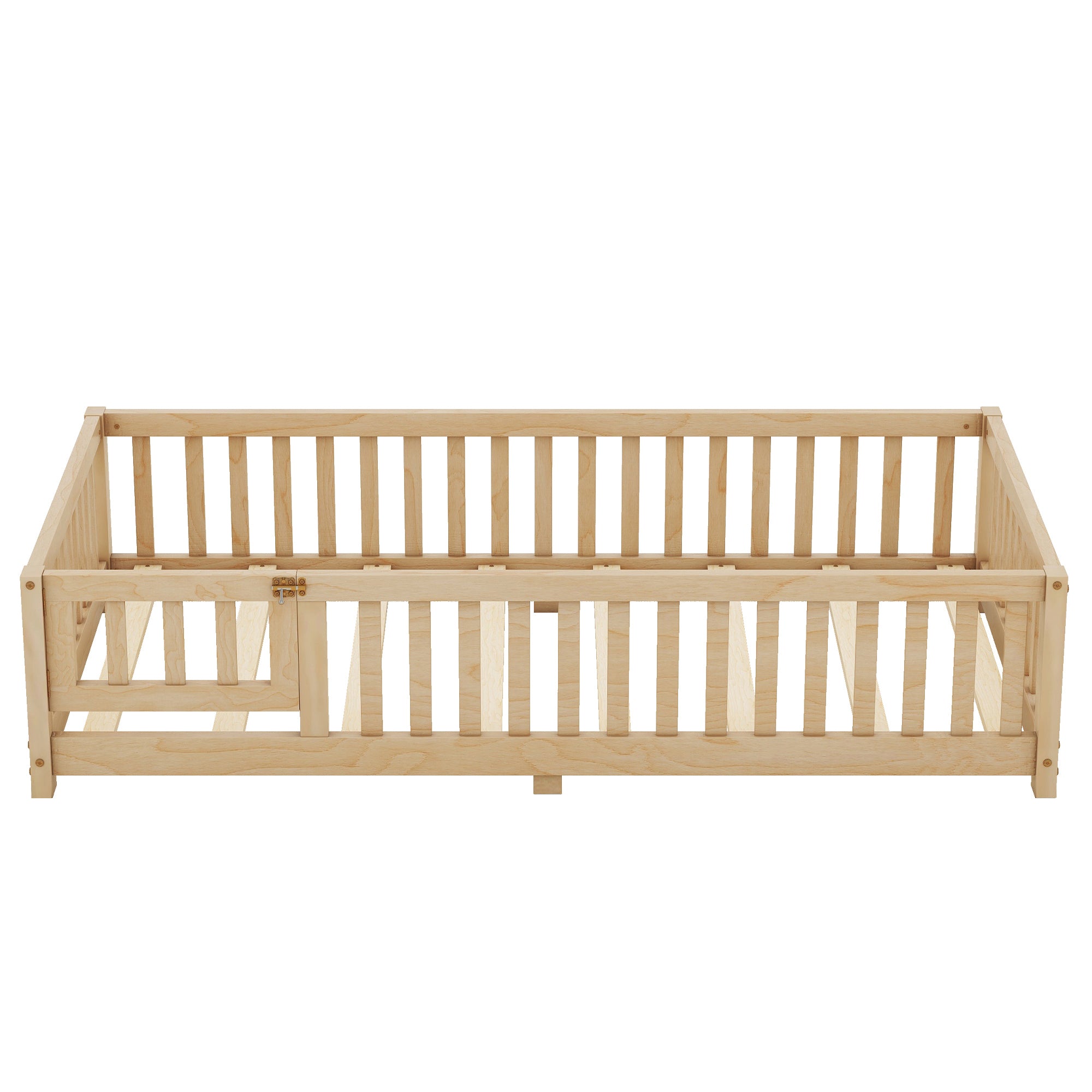 HAOYYE Twin Size Bed Floor Bed with Safety Guardrails and Door for , Natural(Old SKU: W158090686) Sturdy Space-Saving Heavy Duty Modern Design Adults Dorm Room Easy Assembly Bedroom Furniture