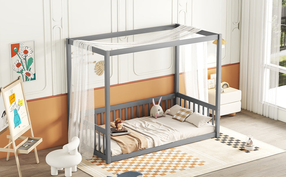 HAOYYE Twin Size Canopy Frame Floor Bed with Fence, Guardrails,Grey Sturdy Space-Saving Heavy Duty Modern Design Adults Dorm Room Easy Assembly Bedroom Furniture