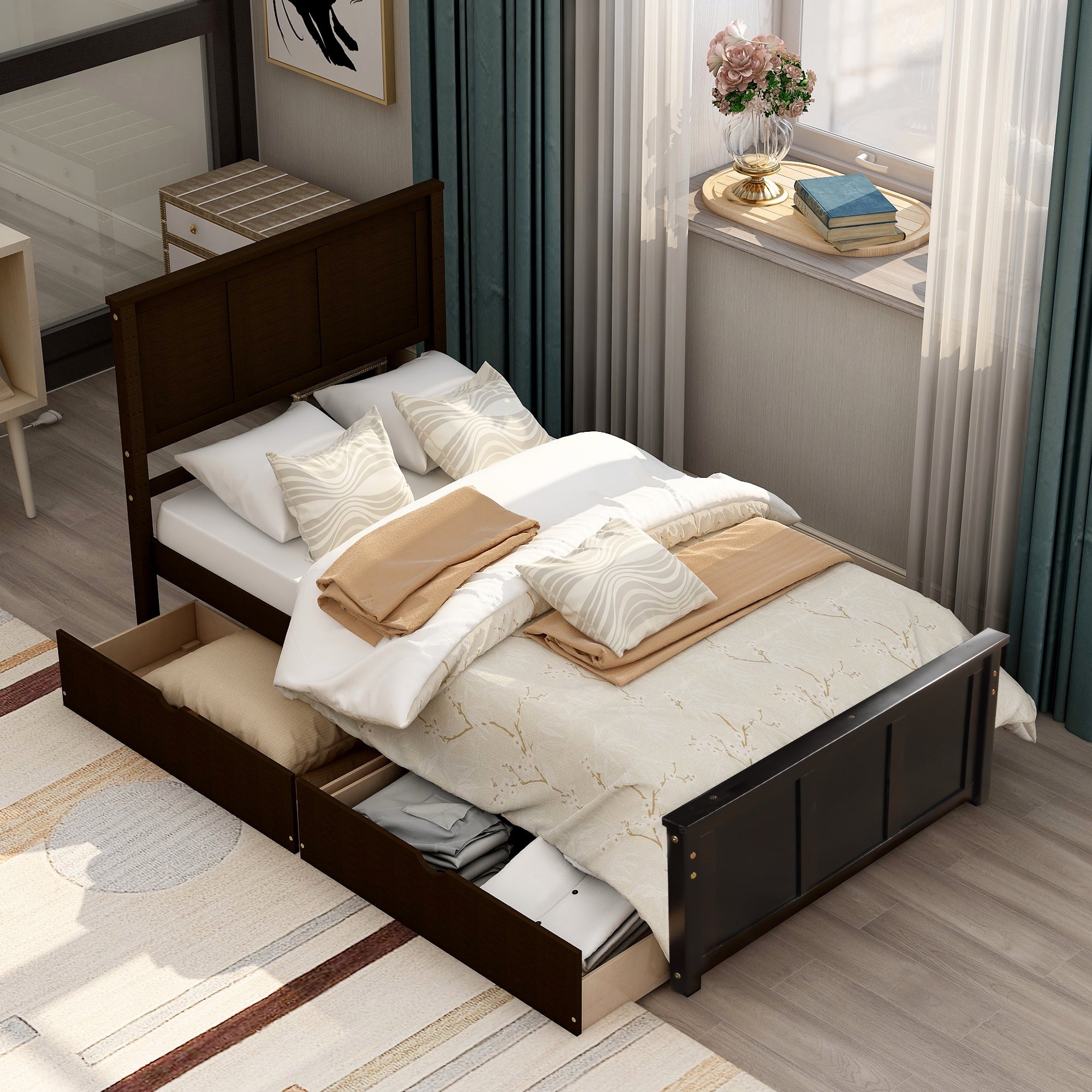 HAOYYE Platform Storage Bed, Twin Size Frame with Two Drawers on Wheels, Espresso, Sturdy Space-Saving Design, Heavy Duty Construction, Easy Assembly, Durable and Stylish Home Furniture