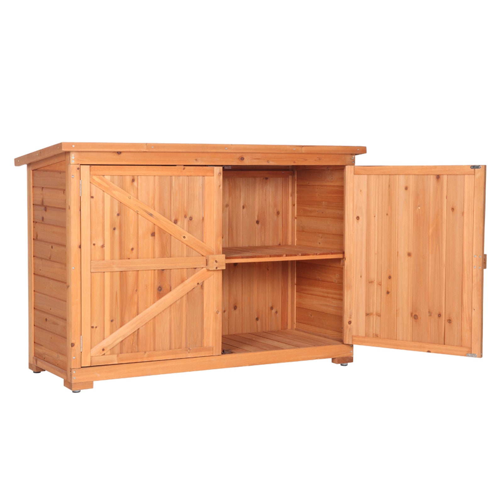 HAOYYE Double Doors Fir Wood Outdoor Storage Cabinet with Lock, Weatherproof Garden Shed Locker for Tools and Patio Supplies, Vertical Organizer Unit with Shelves for Backyard, Porch, or Balcony Use Orange Red