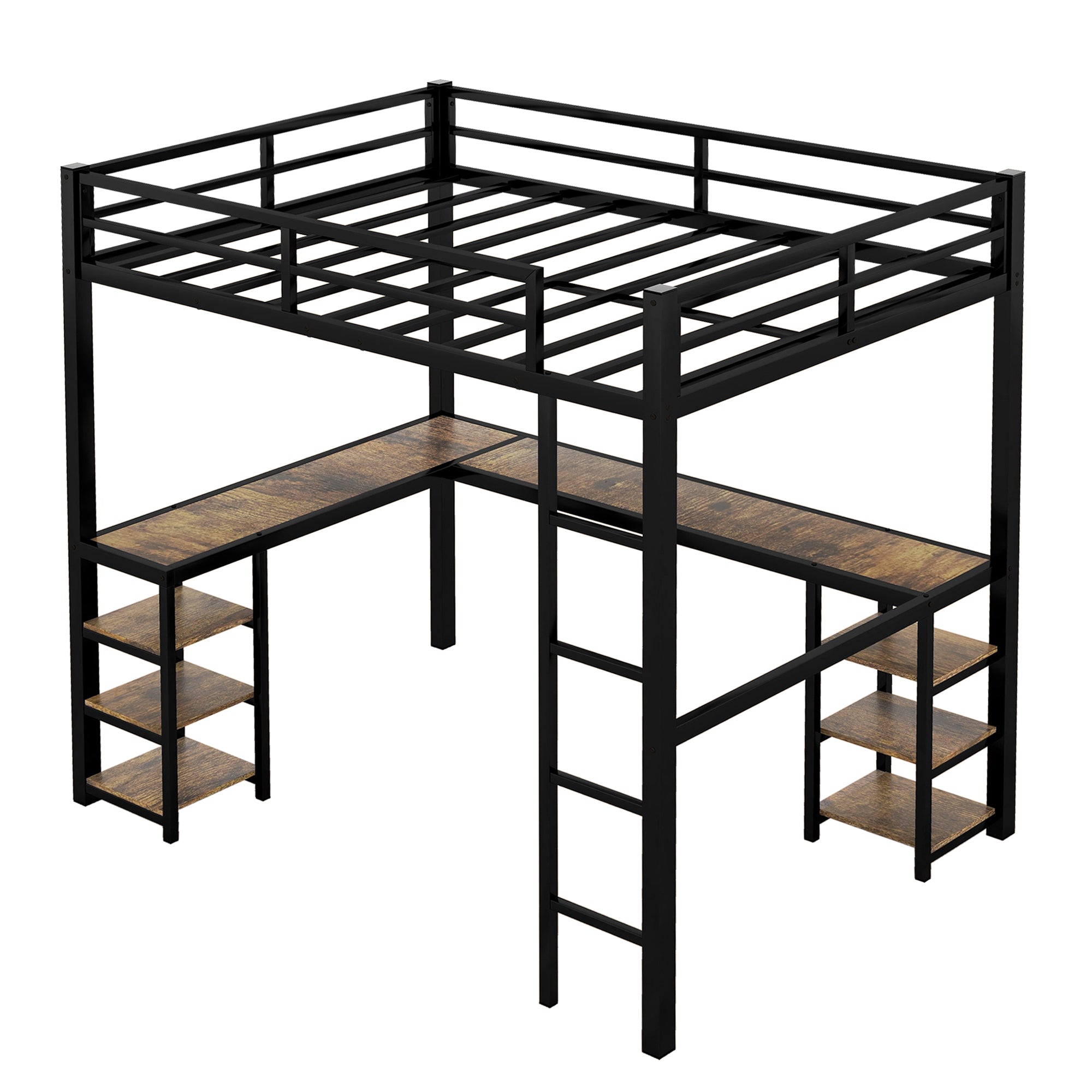 HAOYYE Full Metal Loft Bed with Desk and Shelves, Loft Bed with Ladder and Guardrails, Loft Bed Frame for Bedroom, Black with Vintage wood-colored desk Sturdy Space-Saving Heavy Duty Modern Design