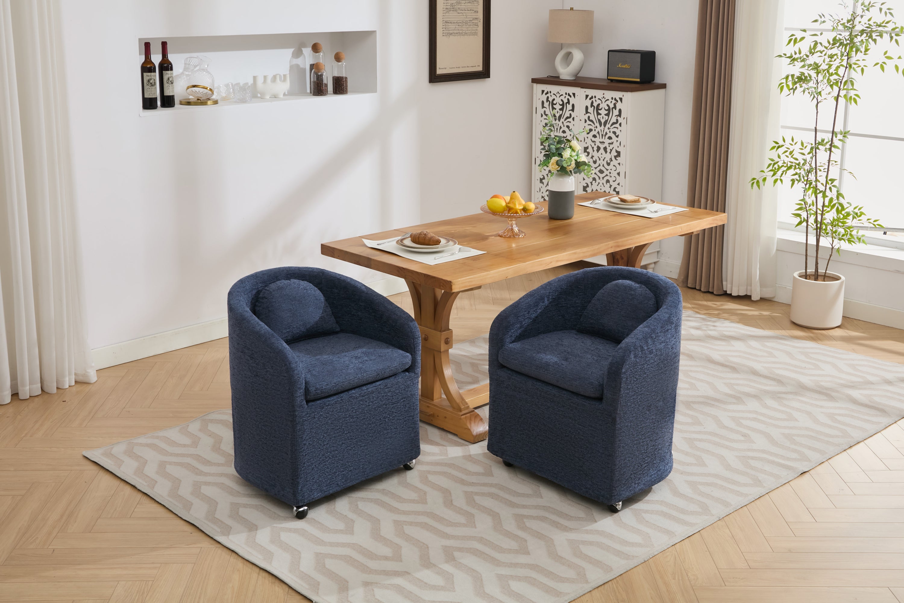 HAOYYE 059-Set of 1 Chenille Fabric Dining Armchair With Back Cushion and Universal Wheels,Blue Sturdy Space-Saving Heavy Duty Modern Design Adults Dorm Room Easy Assembly Bedroom Furniture