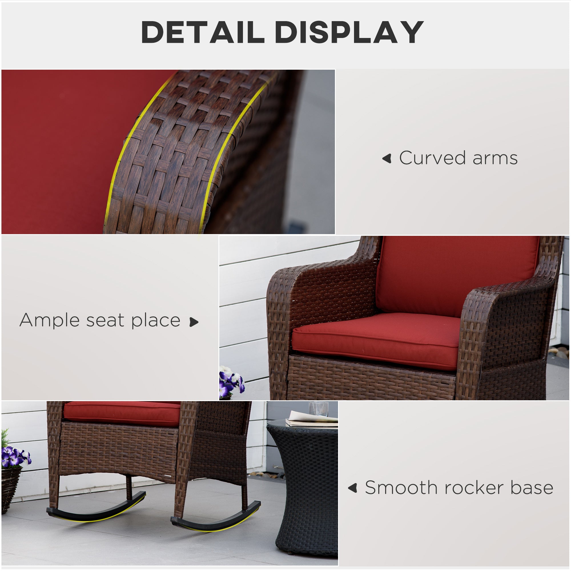 HAOYYE Brown Rattan Outdoor Rocking Chair with Wine Red Cushions, PE Wicker and Steel Frame Lounge Chair with Thick Padded Washable Cushions and Wide Armrests, Ideal for Patio Porch Garden and Backyard Relaxing Seating