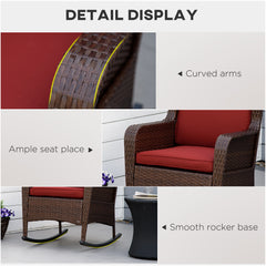 HAOYYE Brown Rattan Outdoor Rocking Chair with Wine Red Cushions, PE Wicker and Steel Frame Lounge Chair with Thick Padded Washable Cushions and Wide Armrests, Ideal for Patio Porch Garden and Backyard Relaxing Seating