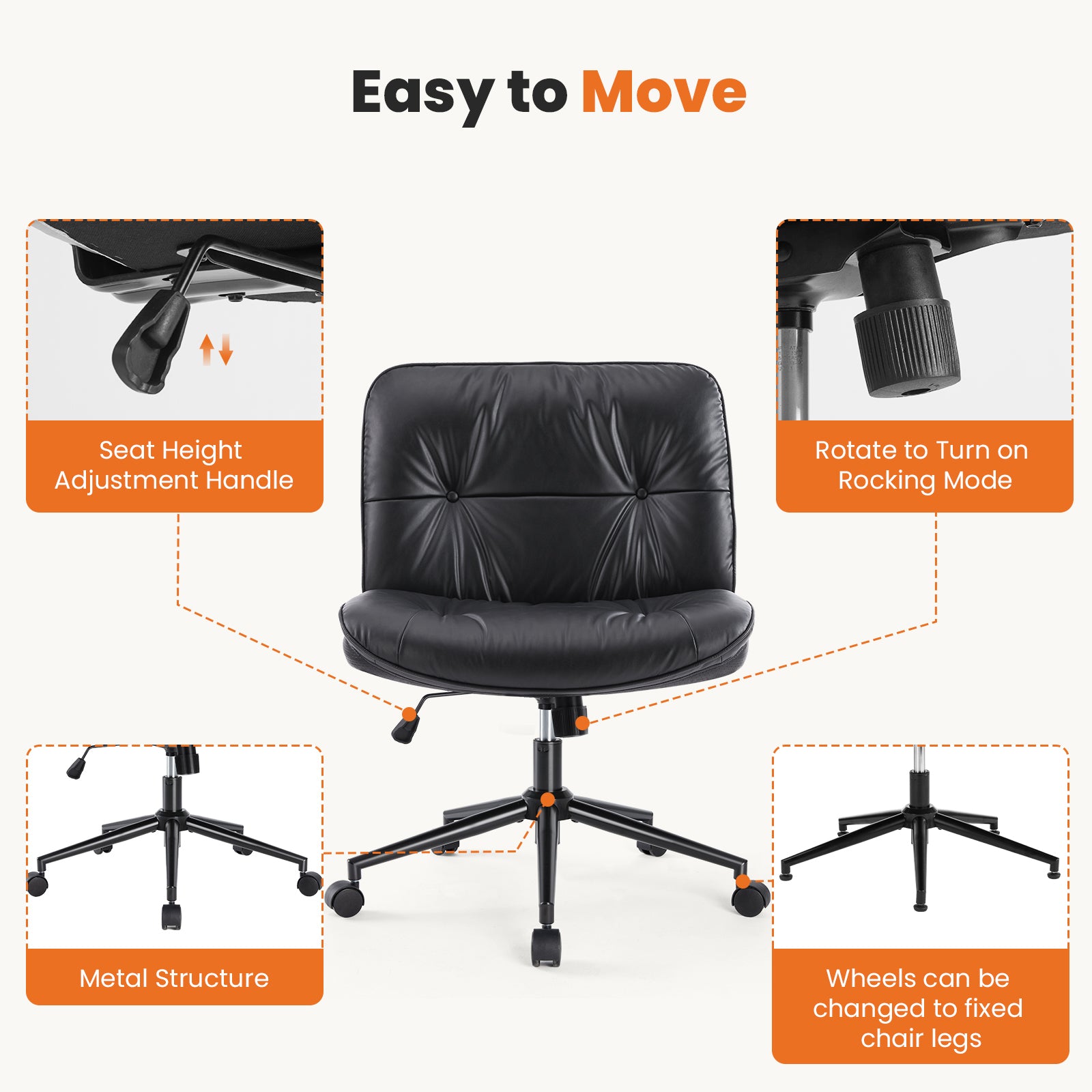 HAOYYE Criss Cross Legged Chair, Armless Office Desk Wide Seat Wheels, Swivel Height Adjustable Comfy Sturdy Space-Saving Heavy Duty Modern Design Adults Dorm Room Easy Assembly Bedroom Furniture