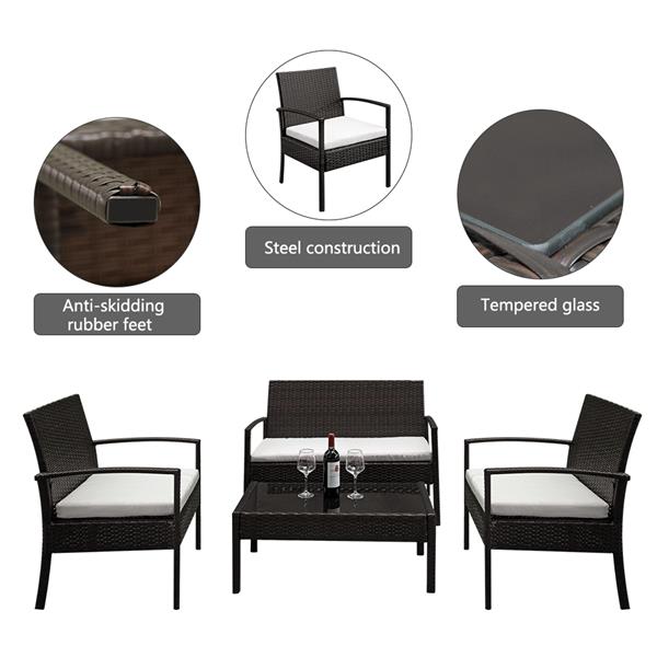 HAOYYE 4 Piece Outdoor Patio Rattan Sofa Set with 2 Arm Chairs, 1 Loveseat and Tempered Glass Coffee Table, Brown Gradient Wicker Furniture with Cushions for Garden Balcony Backyard Deck