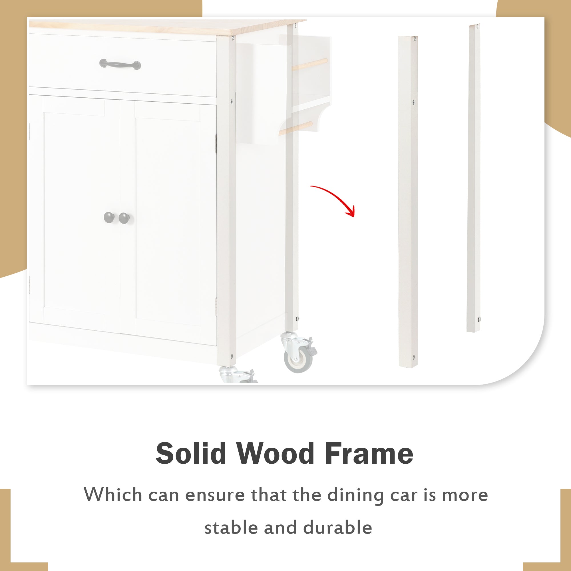 HAOYYE Kitchen Island Cart with Solid Wood Top, Locking Wheels, Four Door Cabinet, Two Drawers, Spice Rack, and Towel Rack, White, Sturdy Space-Saving Design, Heavy Duty Construction, Easy Assembly, Durable and Stylish Home Furniture