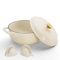 HAOYYE Cast Iron 5QT Cooking Pot Ceramic White Enamel Coating Includes Two Silicone Gloves Heavy Duty Durable Dutch Oven for Stovetop Oven and Outdoor Cooking Perfect for Stews Soups Casseroles and Everyday Meals