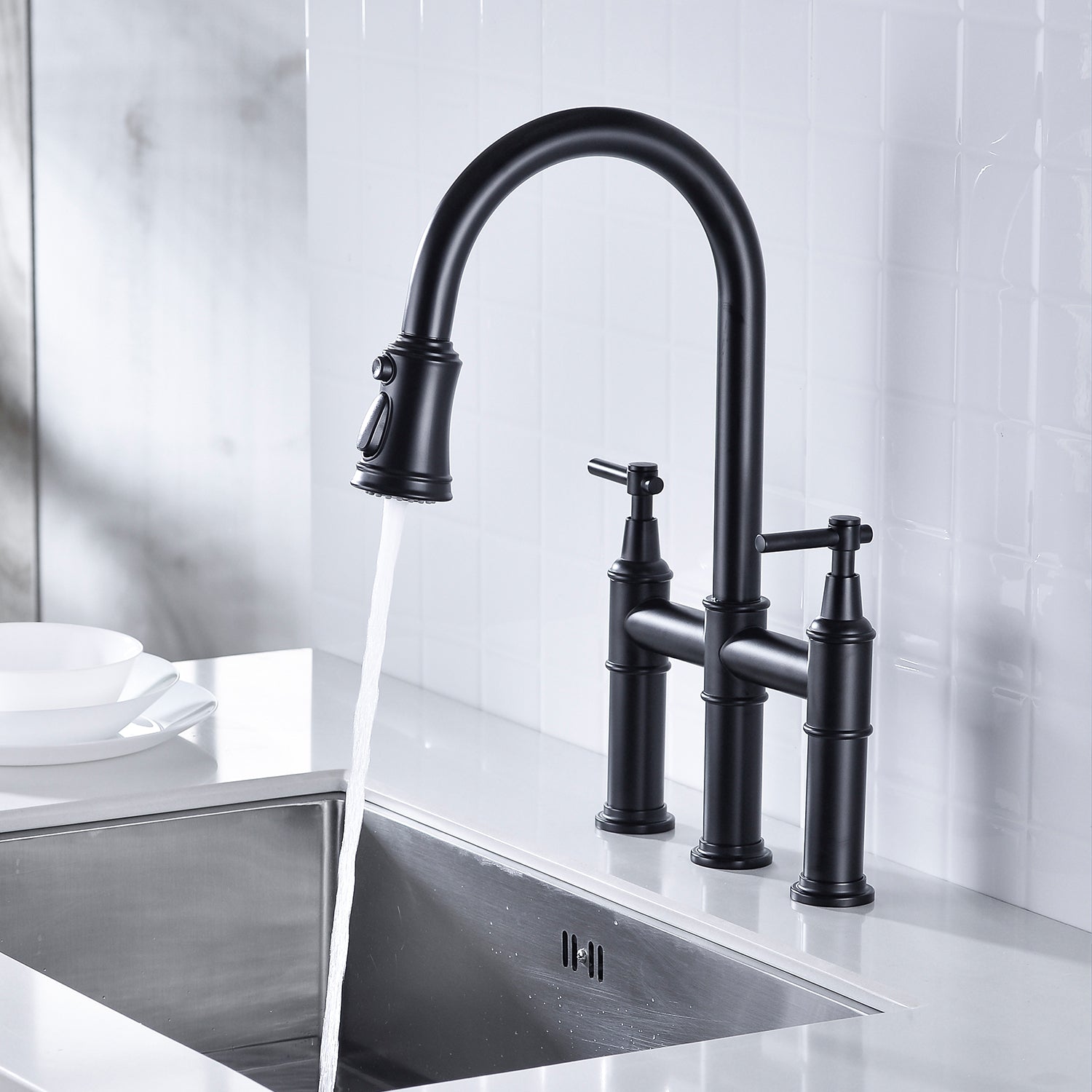 HAOYYE Bridge Kitchen Faucet with Pull-Down Sprayhead in Spot Sturdy Space-Saving Heavy Duty Modern Design Adults Dorm Room Easy Assembly Bedroom Furniture