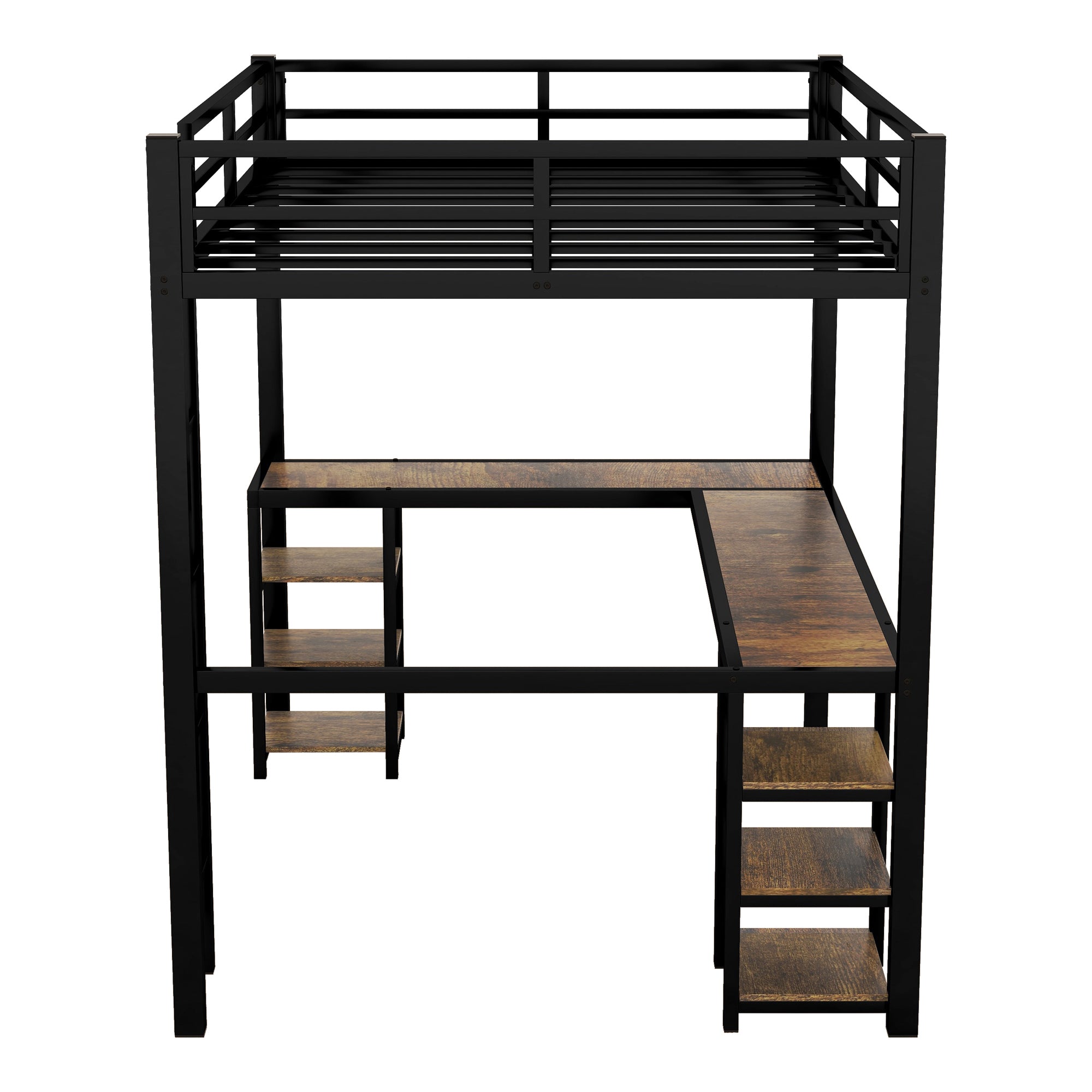 HAOYYE Full Metal Loft Bed with Desk and Shelves, Loft Bed with Ladder and Guardrails, Loft Bed Frame for Bedroom, Black with Vintage wood-colored desk Sturdy Space-Saving Heavy Duty Modern Design