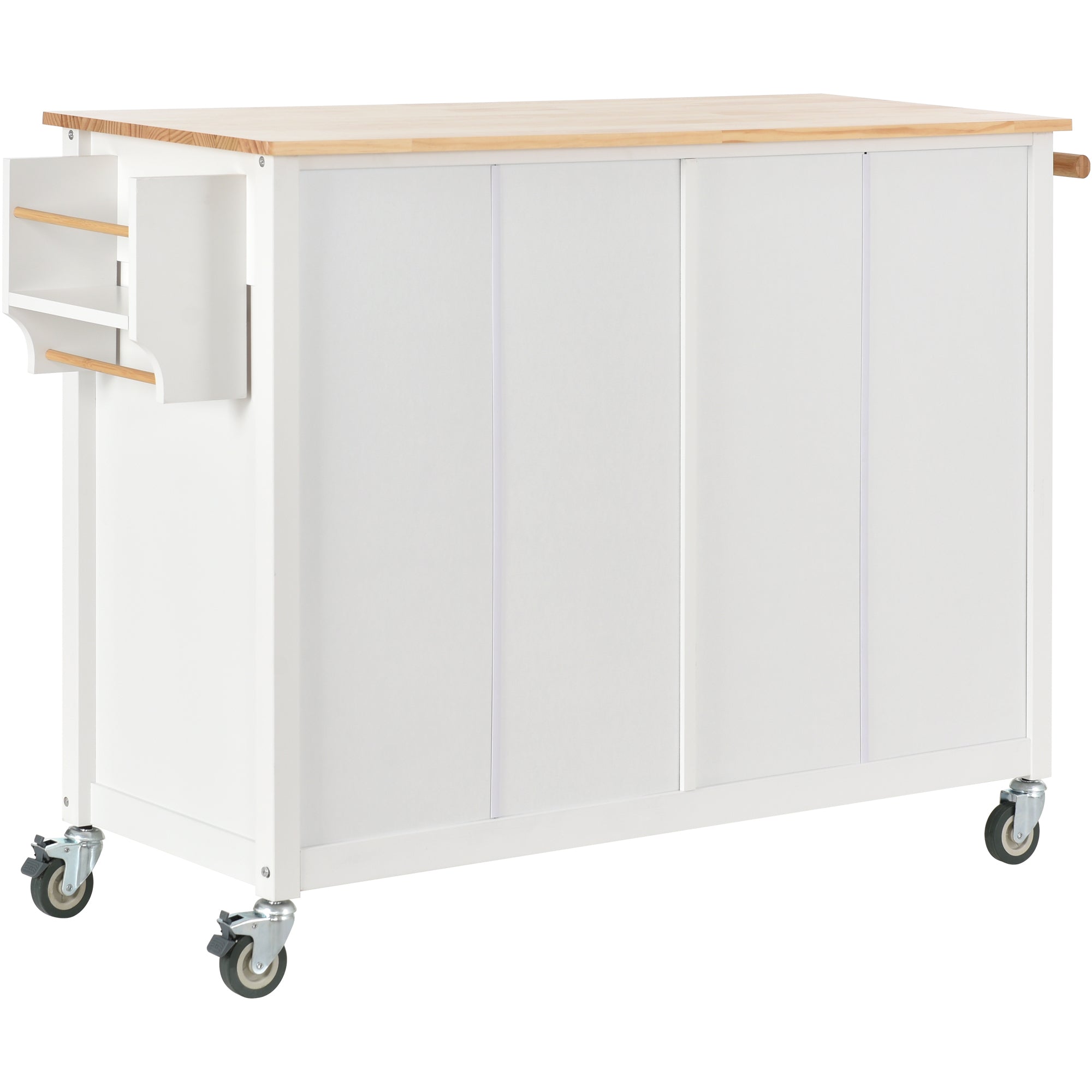 HAOYYE Kitchen Island Cart with Solid Wood Top, Locking Wheels, Four Door Cabinet, Two Drawers, Spice Rack, and Towel Rack, White, Sturdy Space-Saving Design, Heavy Duty Construction, Easy Assembly, Durable and Stylish Home Furniture