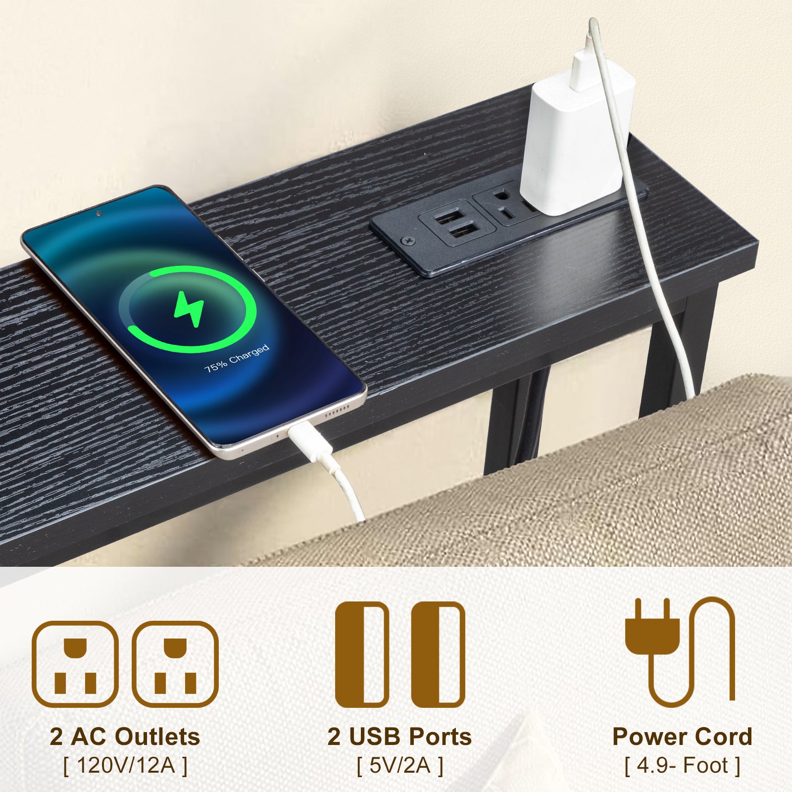 HAOYYE Black Narrow Console Sofa Table 2 Pack With Built-In Power Outlets And USB Charging Ports, Space-Saving Long Couch Table With Metal Frame And Anti-Tip Design, Perfect For Apartments Dorms Living Rooms