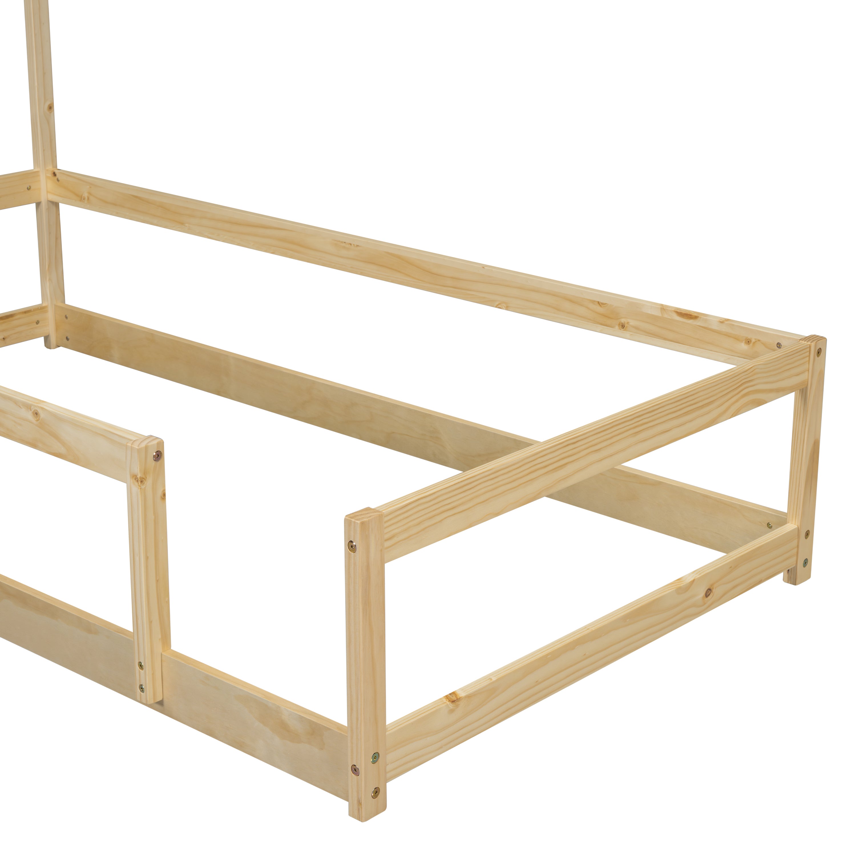Haoyye Twin Size Wood Bed with House-Shaped Headboard, Floor Bed Frame with Fences and Guardrails, Low Platform Design for Bedroom or Dorm, Sturdy Pine Construction, Space-Saving and Heavy Duty, Easy Assembly, Ideal for Cozy Sleeping Spaces