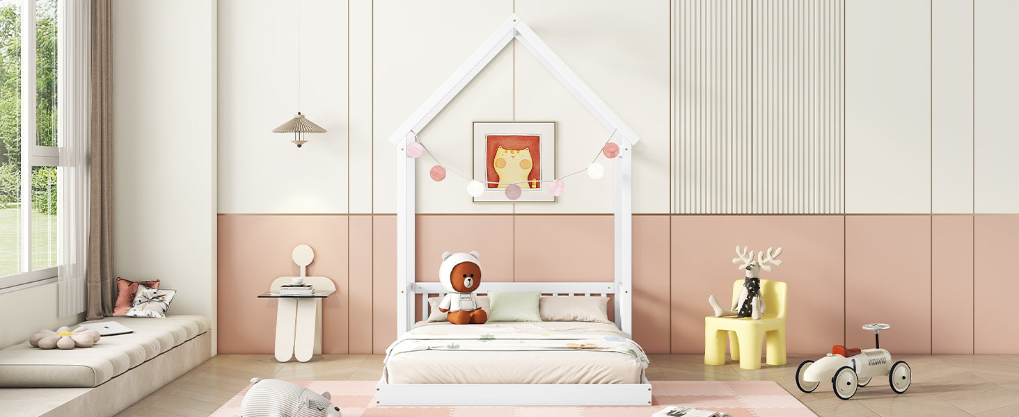 HAOYYE Full Roof-framed Headboard Floor Bed with Headboard Guardrails, without Slats White Sturdy Space-Saving Heavy Duty Modern Design Adults Dorm Room Easy Assembly Bedroom Furniture