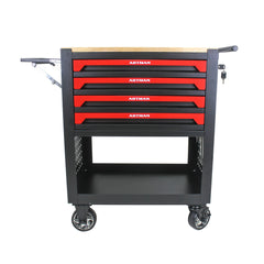 HAOYYE 4 DRAWERS MULTIFUNCTIONAL TOOL CART WITH WHEELS AND WOODEN TOP Sturdy Space-Saving Heavy Duty Modern Design Adults Dorm Room Easy Assembly Bedroom Furniture
