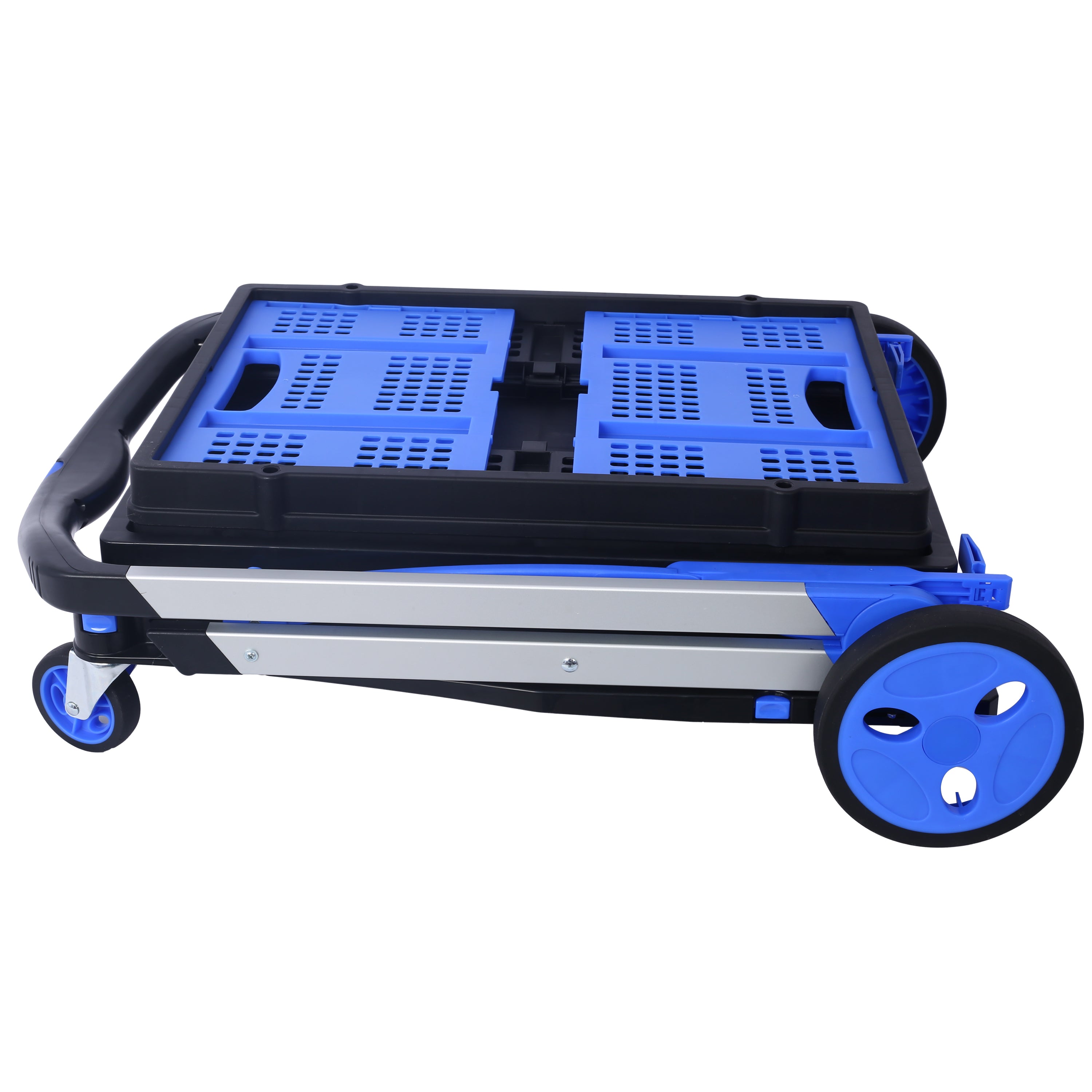 HAOYYE Collapsible Utility Cart Multi Use Foldable 2-Tier Shopping Cart with Rolling Wheels and Storage Baskets Lightweight Portable Design for Grocery Office Travel Home Blue