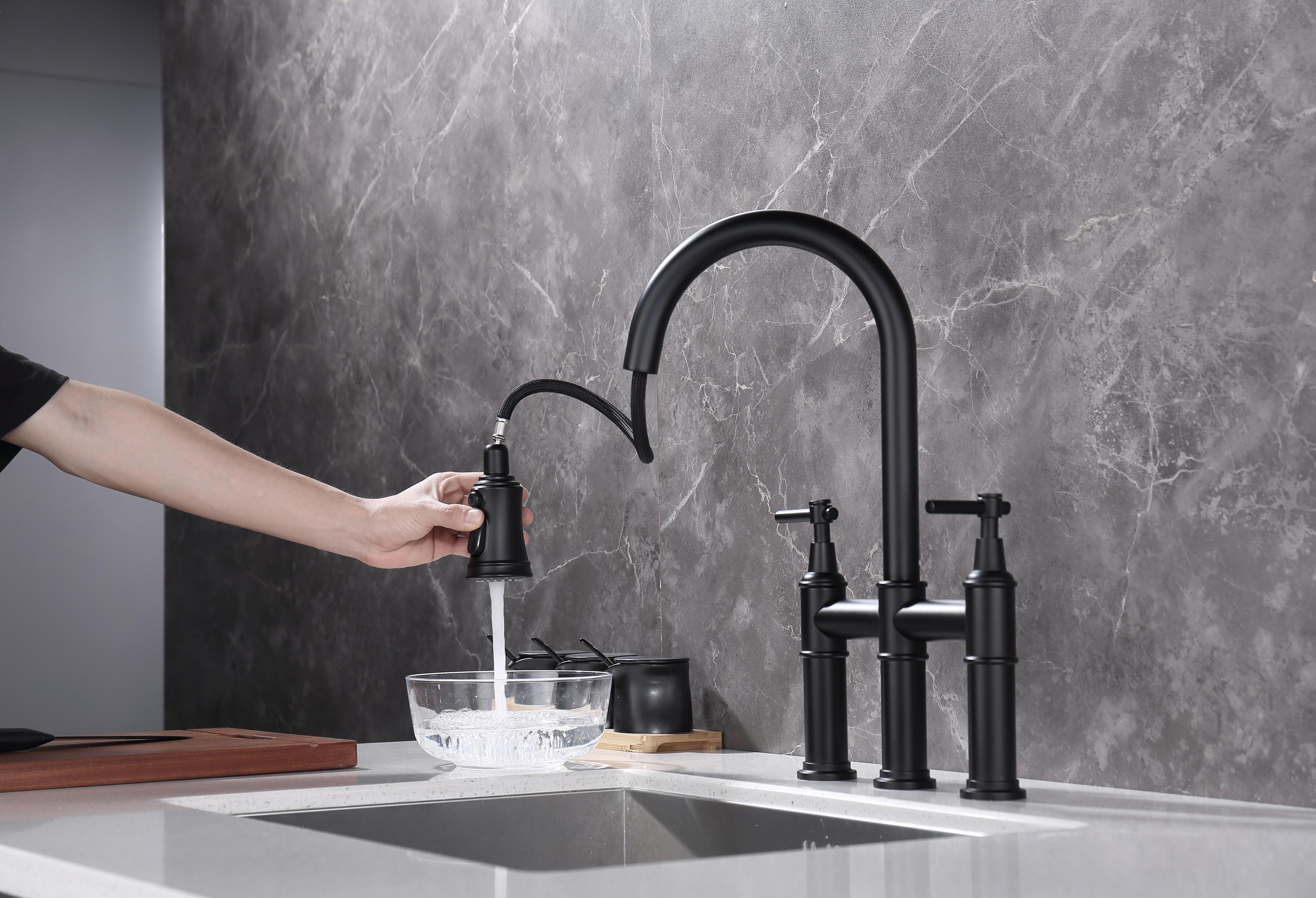 HAOYYE Bridge Kitchen Faucet with Pull-Down Sprayhead in Spot Sturdy Space-Saving Heavy Duty Modern Design Adults Dorm Room Easy Assembly Bedroom Furniture