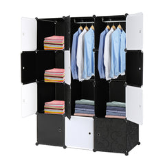 DE Direct HAOYYE 12 Cube Organizer Stackable Plastic Storage Shelves Modular Closet Cabinet with Hanging Rod Multifunctional Stackable Design for Bedroom Entryway Living Room Black and White