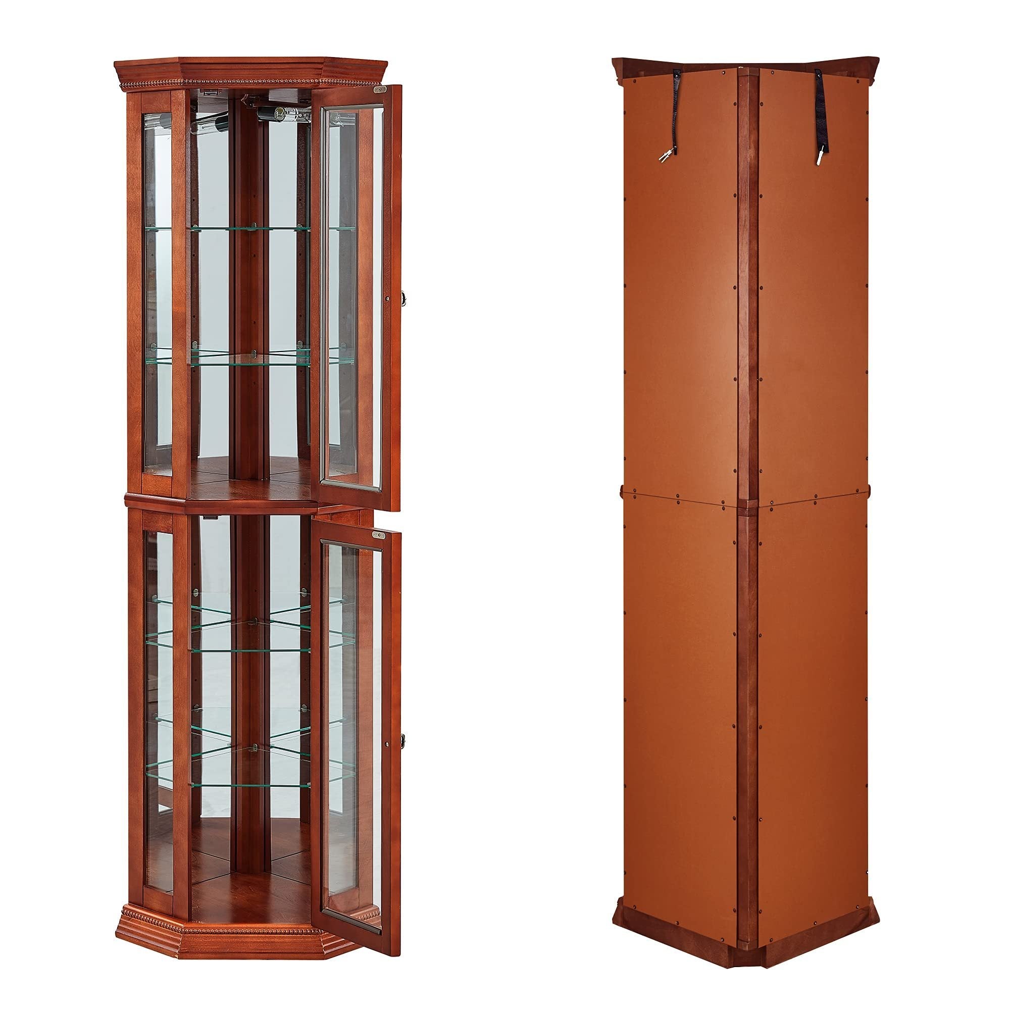 HAOYYE Corner Curio Cabinet with Lights, Adjustable Tempered Glass Shelves, Mirrored Back, Display Cabinet,Light Walnut (E26 light bulb not included) Sturdy Space-Saving Heavy Duty Modern Design Adults