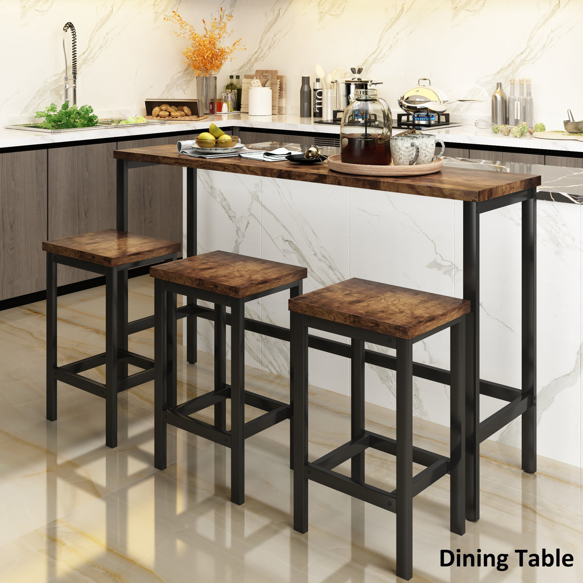 HAOYYE Counter Height Extra Long Dining Table Set with 3 Stools Pub Kitchen Set Side Table with Footrest,Brown Sturdy Space-Saving Heavy Duty Modern Design Adults Dorm Room Easy Assembly