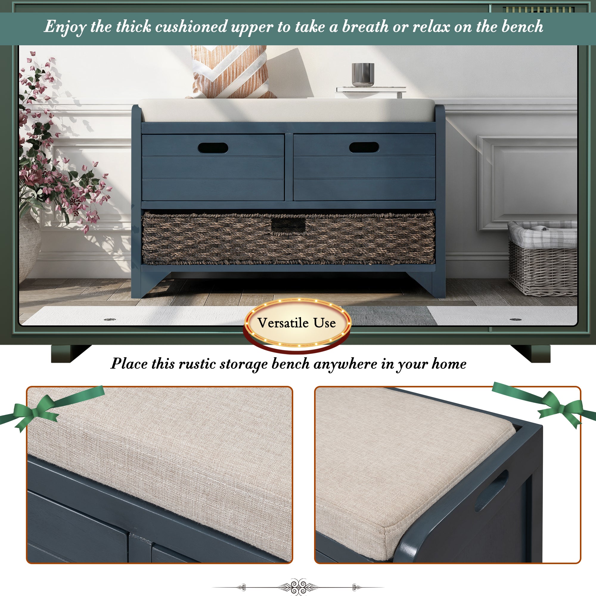 HAOYYE Storage Bench with Removable Basket and Two Drawers, Fully Assembled Shoe Bench with Removable Cushion, Navy, Sturdy Space-Saving Design, Heavy Duty Construction, Easy Assembly, Durable and Stylish Home Furniture