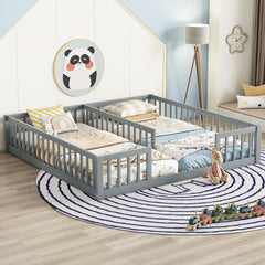 HAOYYE Double Twin Floor Bed with Fence, Guardrails, without door, Grey Sturdy Space-Saving Heavy Duty Modern Design Easy Assembly Durable Stylish Home Furniture Versatile