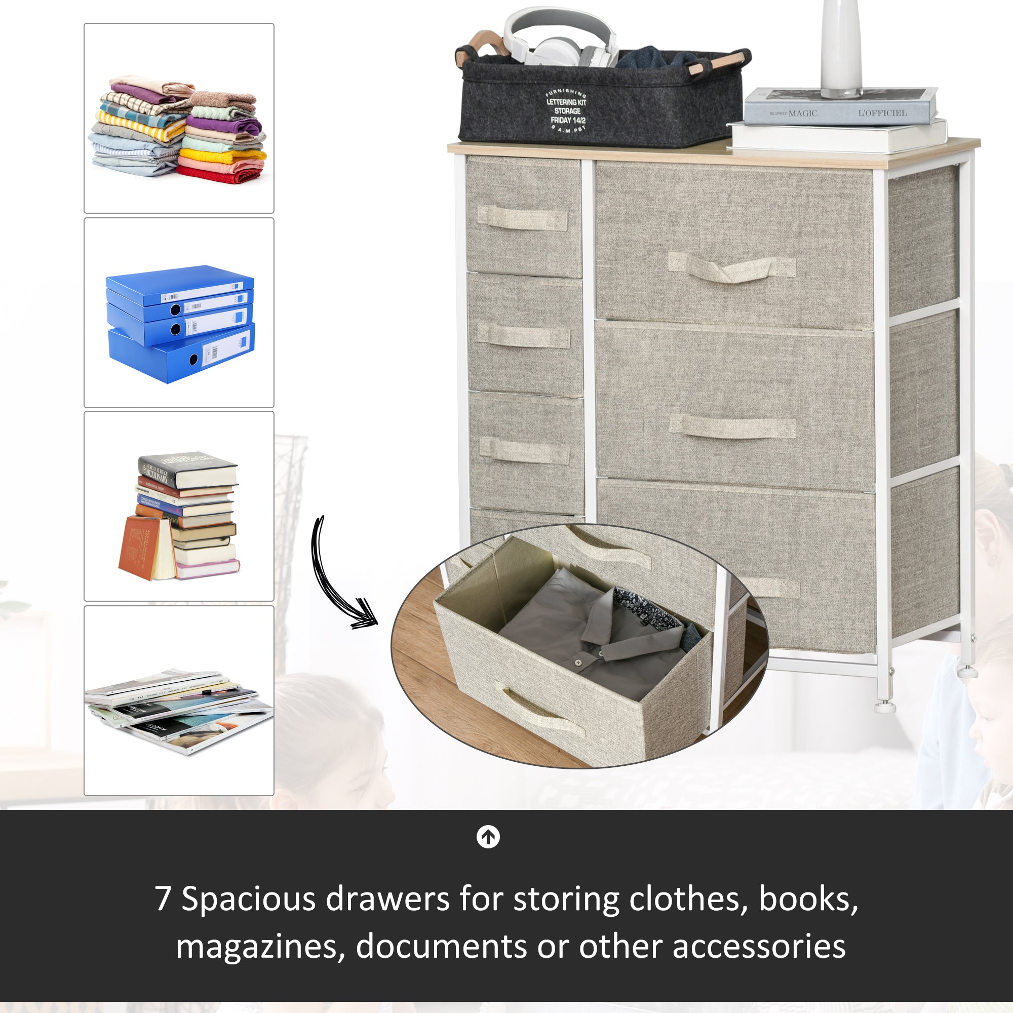 HAOYYE White Light Gray Storage Cabinet 7-Drawer Fabric Dresser with Metal Frame and Wood Top Stylish Space-Saving Storage Unit for Bedroom Living Room Entryway Easy Assembly Lightweight and Versatile