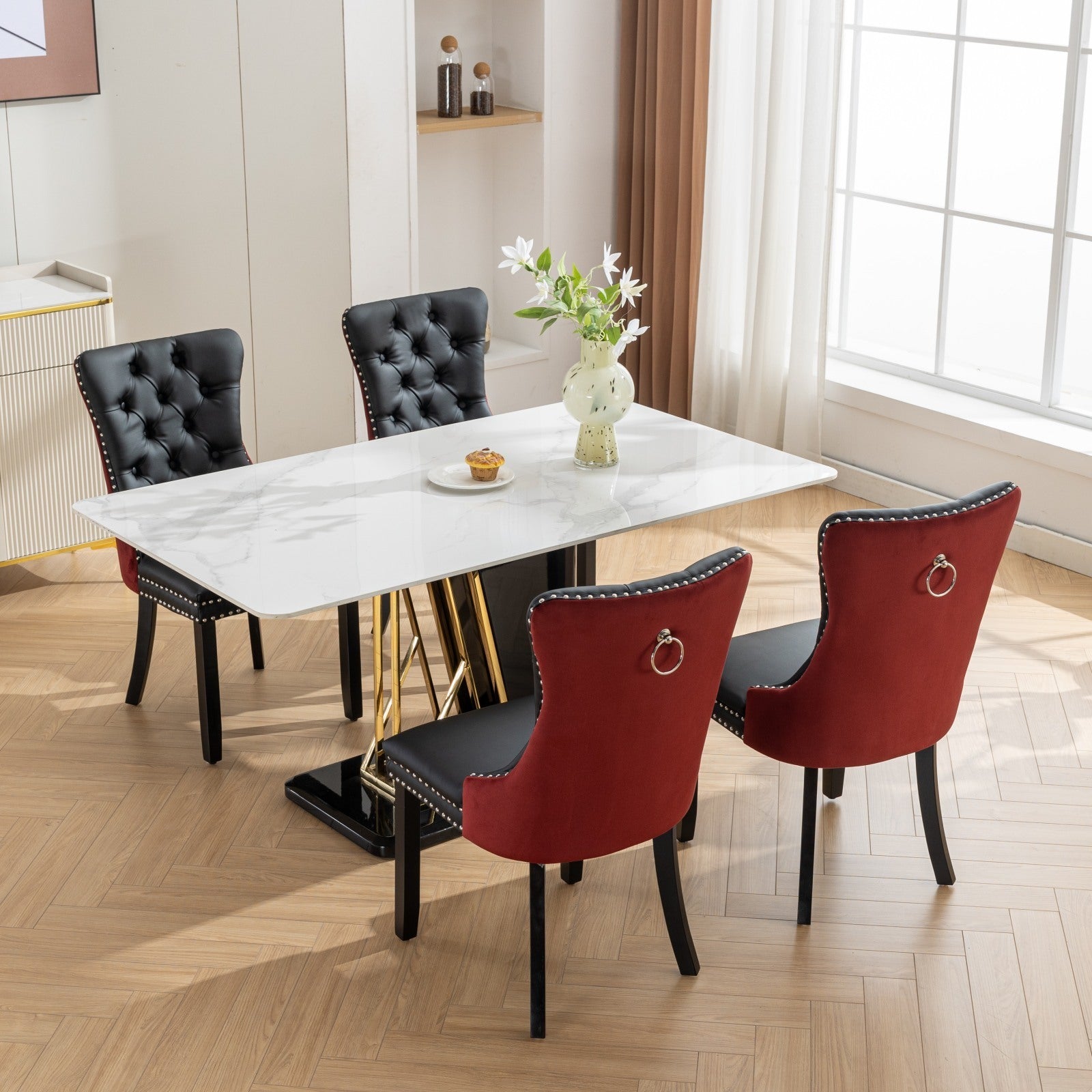 HAOYYE Nikki Collection Modern, High-end Tufted Solid Wood Contemporary PU and Velvet Upholstered Dining Chair with Wood Legs Nailhead Trim 2-Pcs Set, Black+WineRed, Burgundy,SW2101BW Sturdy