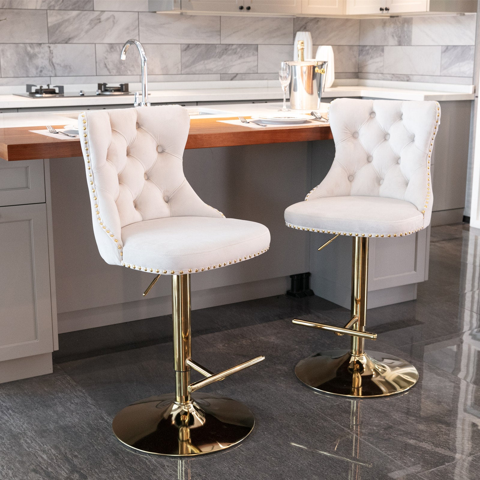 HAOYYE Golden Swivel Velvet Barstools Adjusatble Seat Height from 25-33 Inch,Modern Upholstered Bar Stools with Backs Comfortable Tufted for Home Pub and Kitchen Island,Beige,Set of 2 Sturdy