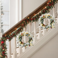 HAOYYE 2 Pack Pre-Lit Snow Flocked Christmas Wreaths Lighted Artificial Xmas Wreaths with Warm LED Lights Red Berries and Pine Cones for Front Door Gate Wall Holiday Party Decorations