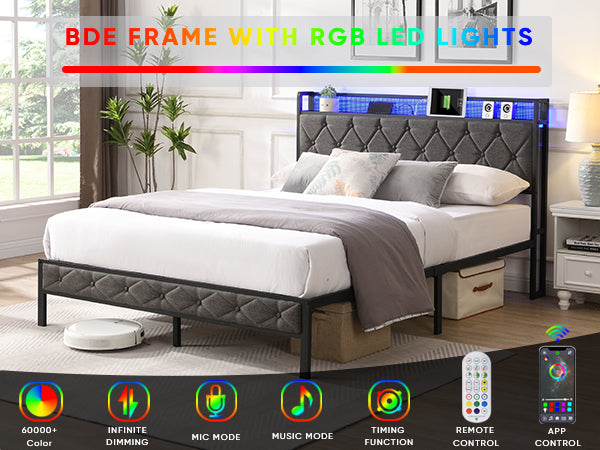 HAOYYE Full Bed Frame with Storage Headboard, Charging Station and LED Lights, Upholstered Platform Bed with Heavy Metal Slats, No Box Spring Needed, Noise Free, Easy Assembly, Dark Gray Sturdy Space-Saving