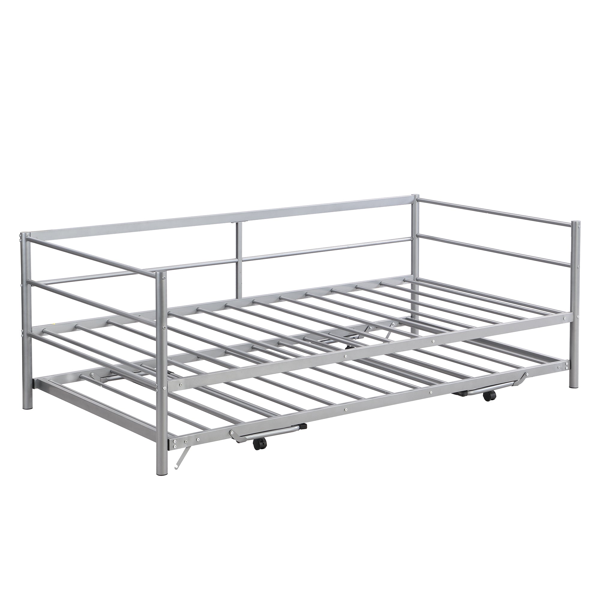 HAOYYE Twin Size Metal Daybed with Adjustable Trundle, Pop Up Trundle, Silver Sturdy Space-Saving Heavy Duty Modern Design Adults Dorm Room Easy Assembly Bedroom Furniture