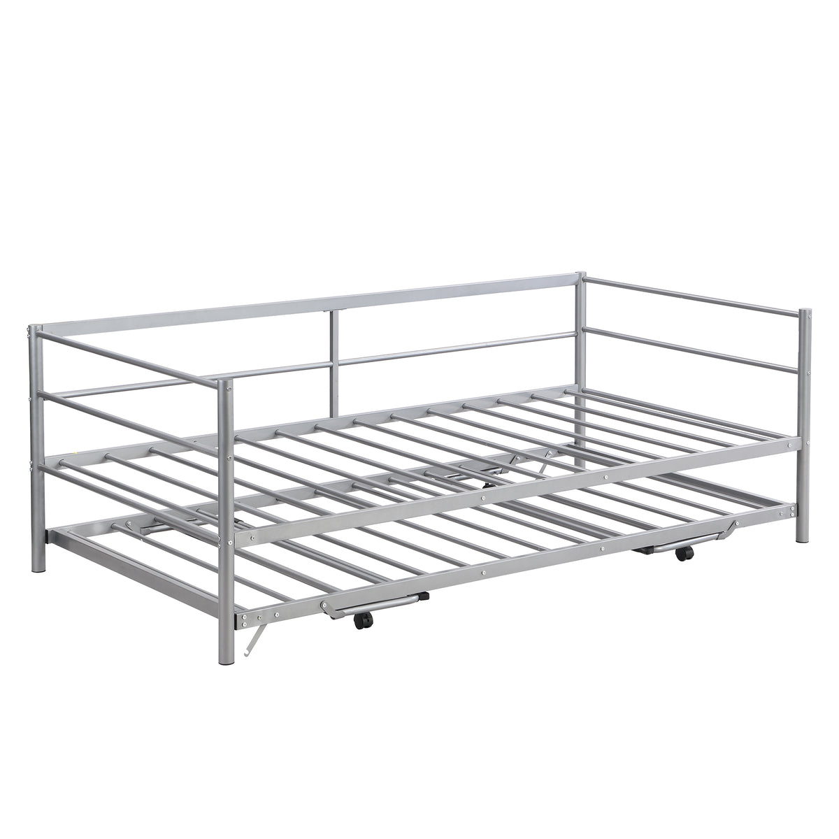 HAOYYE Twin Size Metal Daybed with Adjustable Trundle, Pop Up Trundle, Silver Sturdy Space-Saving Heavy Duty Modern Design Adults Dorm Room Easy Assembly Bedroom Furniture