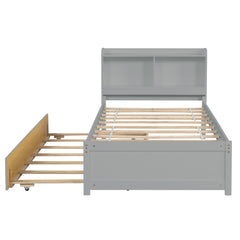 HAOYYE Twin Bed with Trundle,Bookcase,Grey Sturdy Space-Saving Heavy Duty Modern Design Adults Dorm Room Easy Assembly Bedroom Furniture