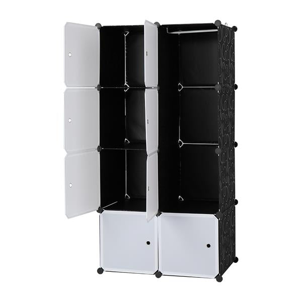 HAOYYE 8-Cube Modular Storage Organizer With Hanging Rod, White Doors And Black Panels, Durable Stackable Plastic Shelving, Space-Saving Closet Cabinet, Versatile And Multifunctional Storage Solution For Bedroom, Office, Living Room, And Home Organization