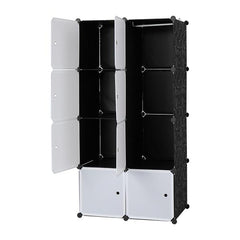 HAOYYE 8-Cube Modular Storage Organizer With Hanging Rod, White Doors And Black Panels, Durable Stackable Plastic Shelving, Space-Saving Closet Cabinet, Versatile And Multifunctional Storage Solution For Bedroom, Office, Living Room, And Home Organization