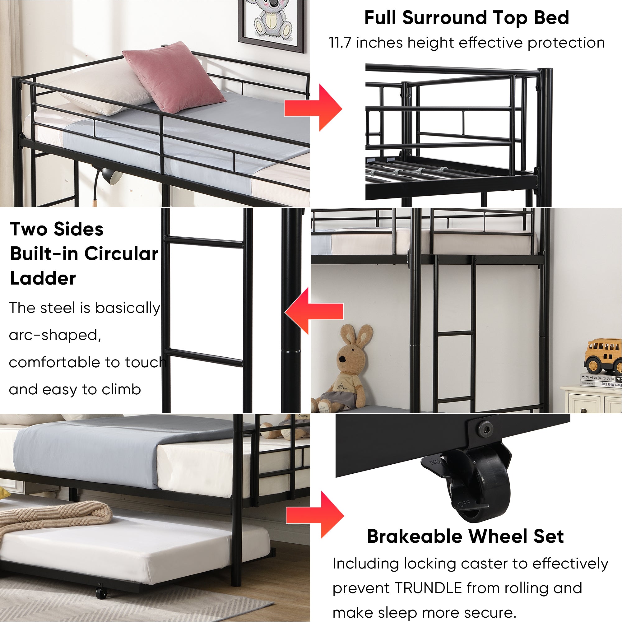HAOYYE Over Twin Bunk Bed Frame with Trundle,Metal Bunkbed with Sturdy Guard Rail and 2 sideLadders for /Adults,Can be Divided Into Two Beds, No Box Spring Needed, Noise Free for Dorm,Black Space-Saving
