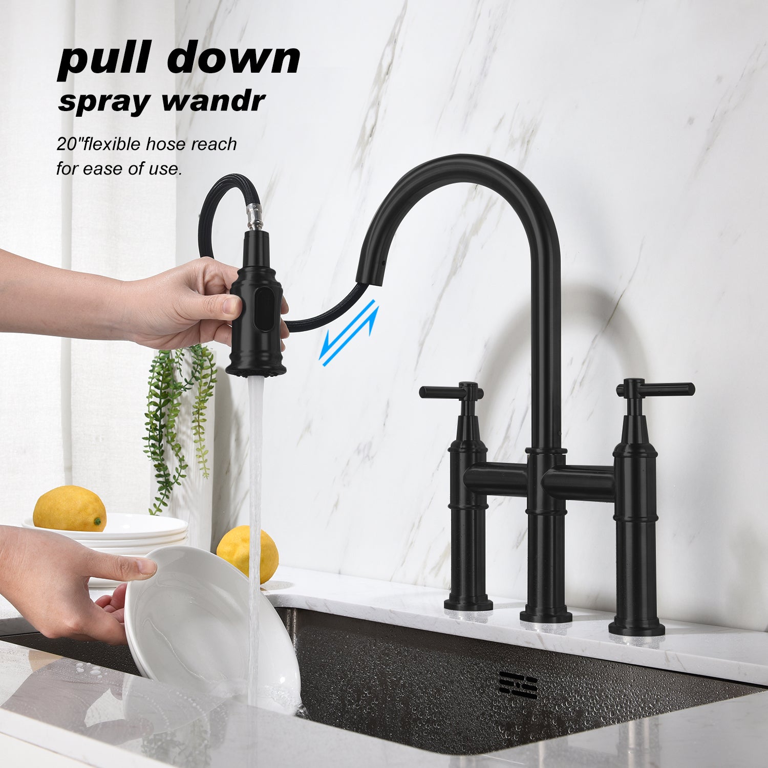HAOYYE Bridge Kitchen Faucet with Pull-Down Sprayhead in Spot Sturdy Space-Saving Heavy Duty Modern Design Adults Dorm Room Easy Assembly Bedroom Furniture